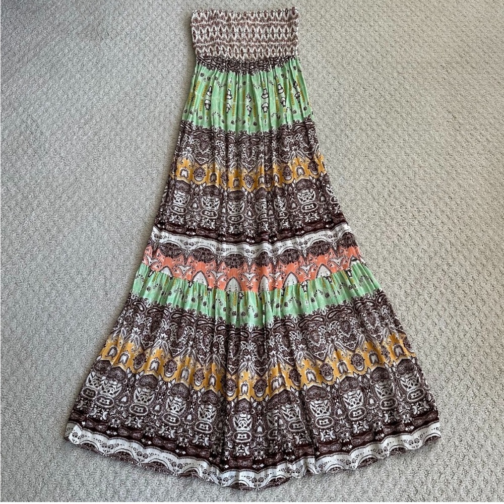 O'Neill Smocked Top Strapless Boho Maxi Dress Green/Yellow/Brown/Multi Size M